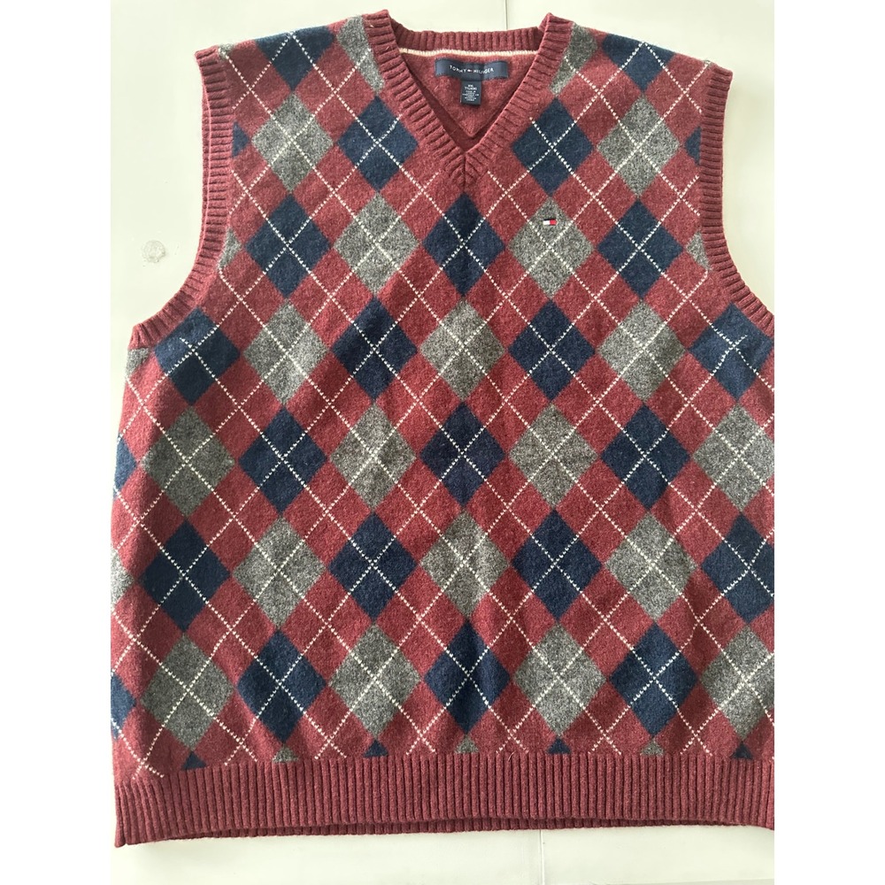 Tommy Hilfiger Mens XXL Argyle Sweater Vest Burgundy Navy Blue Grey V-Neck Knit